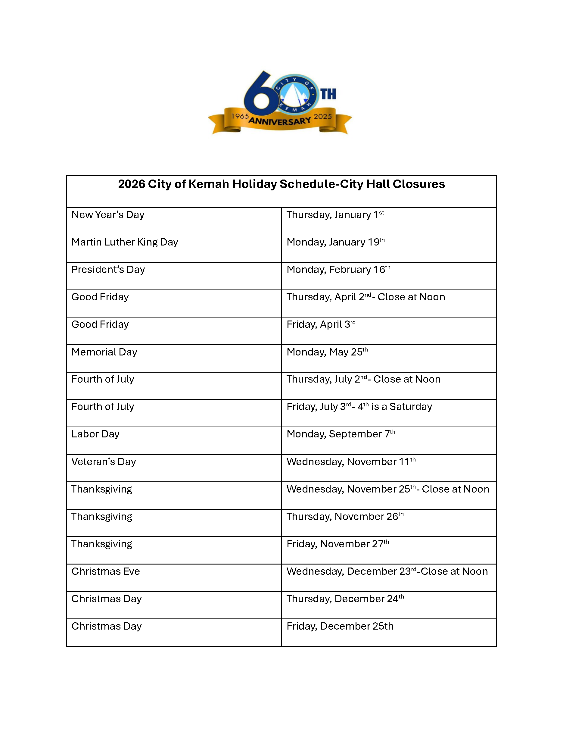 2026 City of Kemah Holiday Schedule